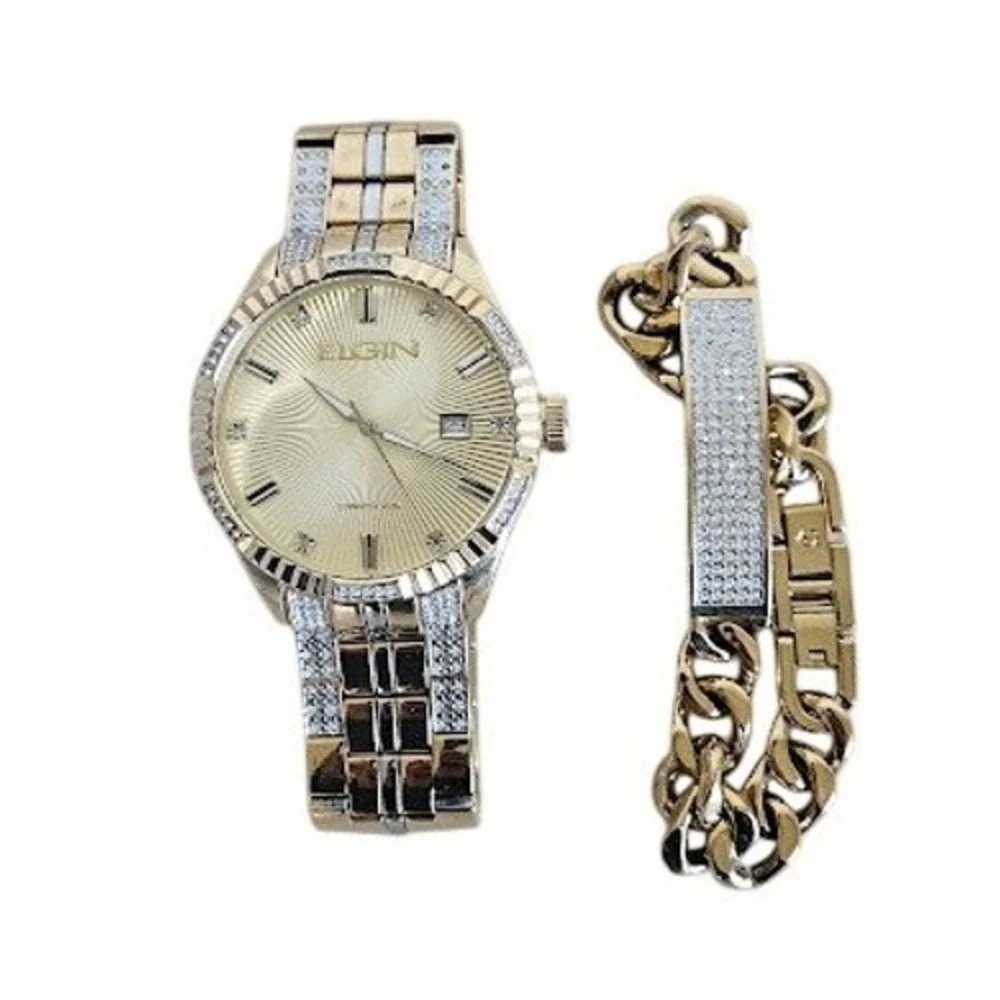 Elgin Men Gold Tone Crystal Watch and Bracelet Set Stainless Steel Analog